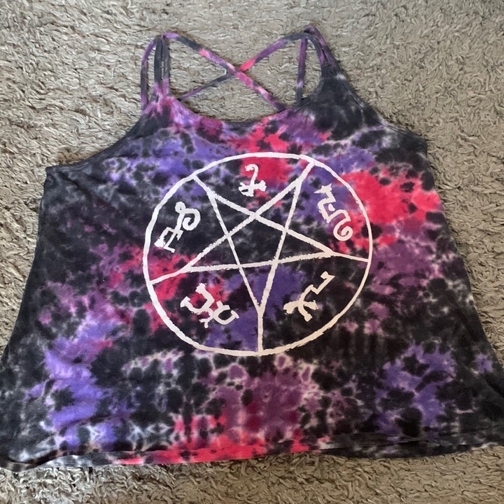 Cross back supernatural themed tie-dye shirt